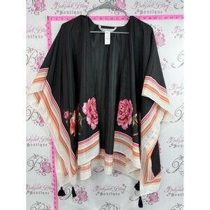 cleo  Floral Kimono in Black with Pink Roses and Cream Stripes, beach, summer